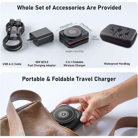 Foldable 3-in-1 Magnetic Wireless Charging Station Black With Carrying Case - Picture 9 of 12